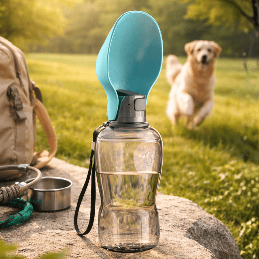 portable pet water bottle outdoors with dog running