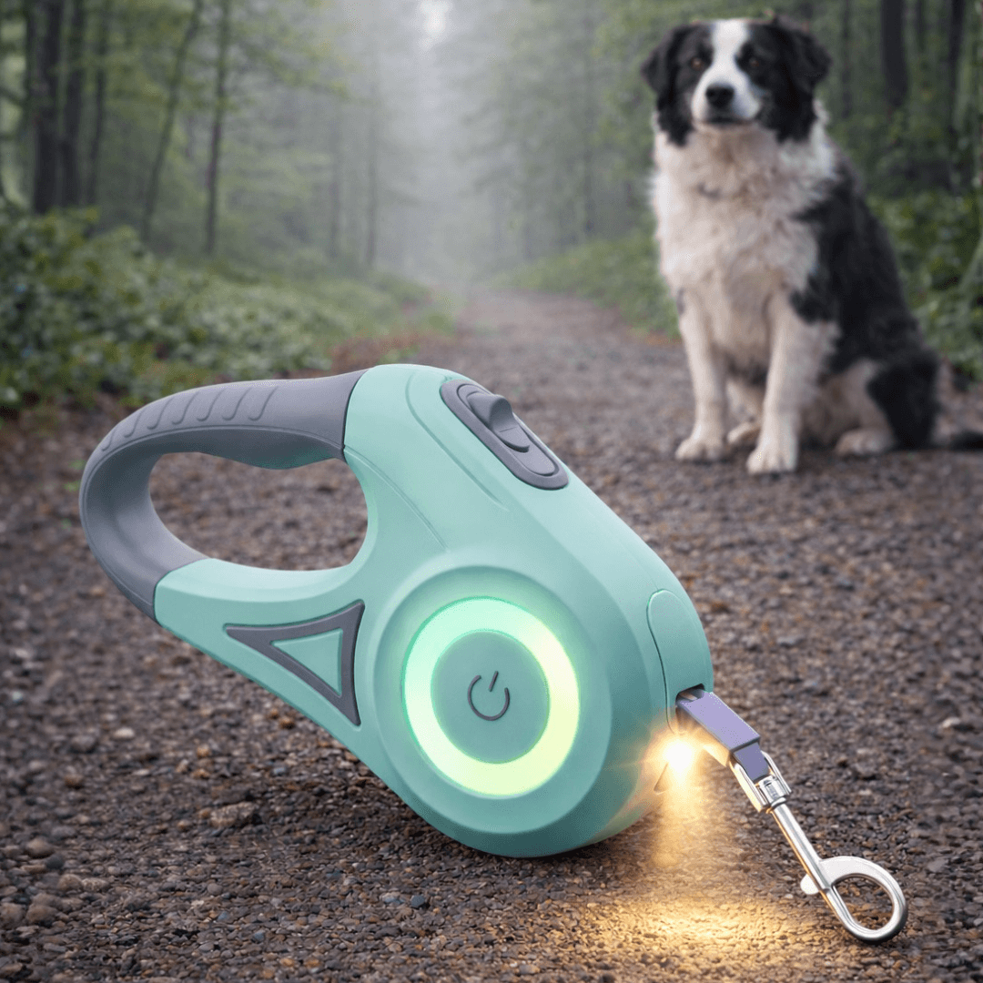 Retractable Dog leash green and grey with flashlight on a forest path