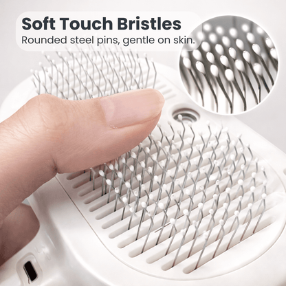 Pet Brush SteamBrush closeup with soft touch bristles and rounded steel pins