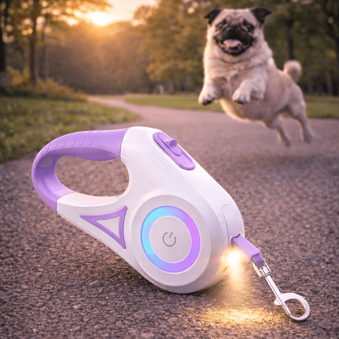 White and purple pet retractable  leash with LED light in a park with a dog in the background.