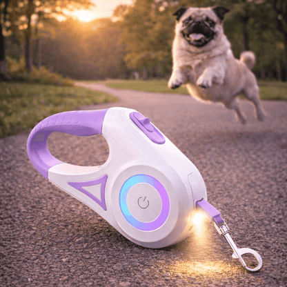 White and purple pet retractable  leash with LED light in a park with a dog in the background.