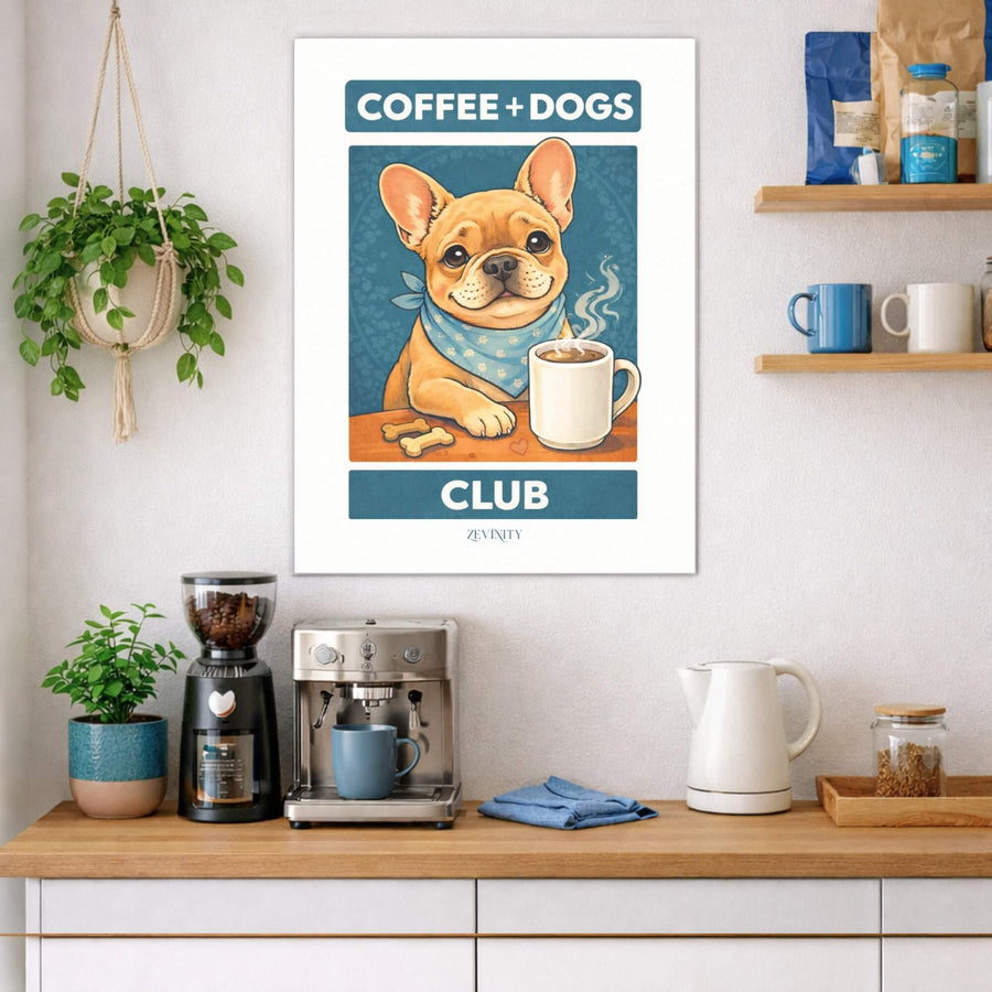 Poster of a dog with a coffee cup on a wall above a kitchen counter with coffee-making equipment.