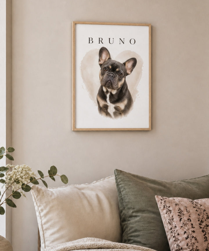 Personalized dog art print with French bulldog portrait displayed in a warm neutral room