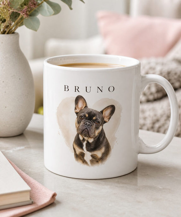 Custom dog mug with personalized French bulldog portrait artwork and dog name
