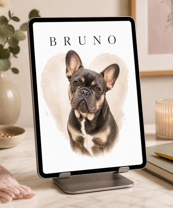 Digital custom dog portrait design displayed on a tablet with personalized dog name
