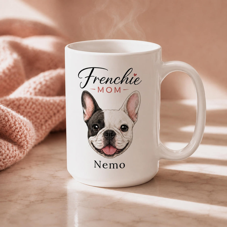 Front view of a custom Frenchie Mom mug with personalized French Bulldog artwork.