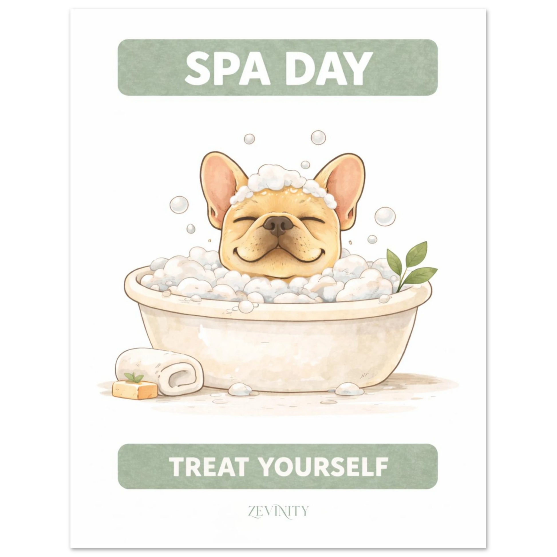 French Bulldog spa day bathroom wall art print showing a cute bulldog relaxing in a bubble bath, minimalist dog bathroom decor poster.