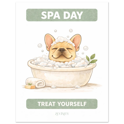 French Bulldog spa day bathroom wall art print showing a cute bulldog relaxing in a bubble bath, minimalist dog bathroom decor poster.