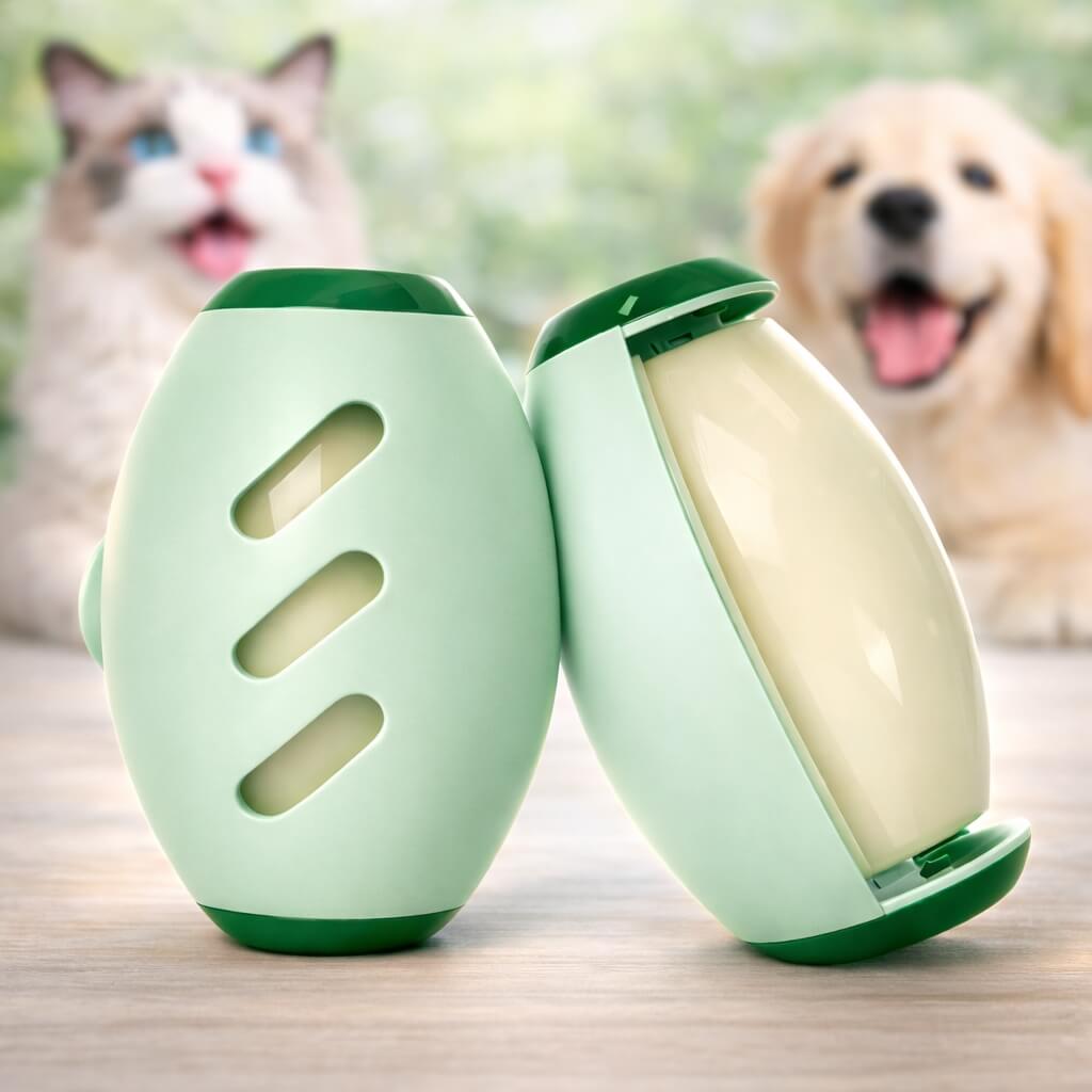 Sticky gel lint roller in a relaxed home setting with cat and dog in background