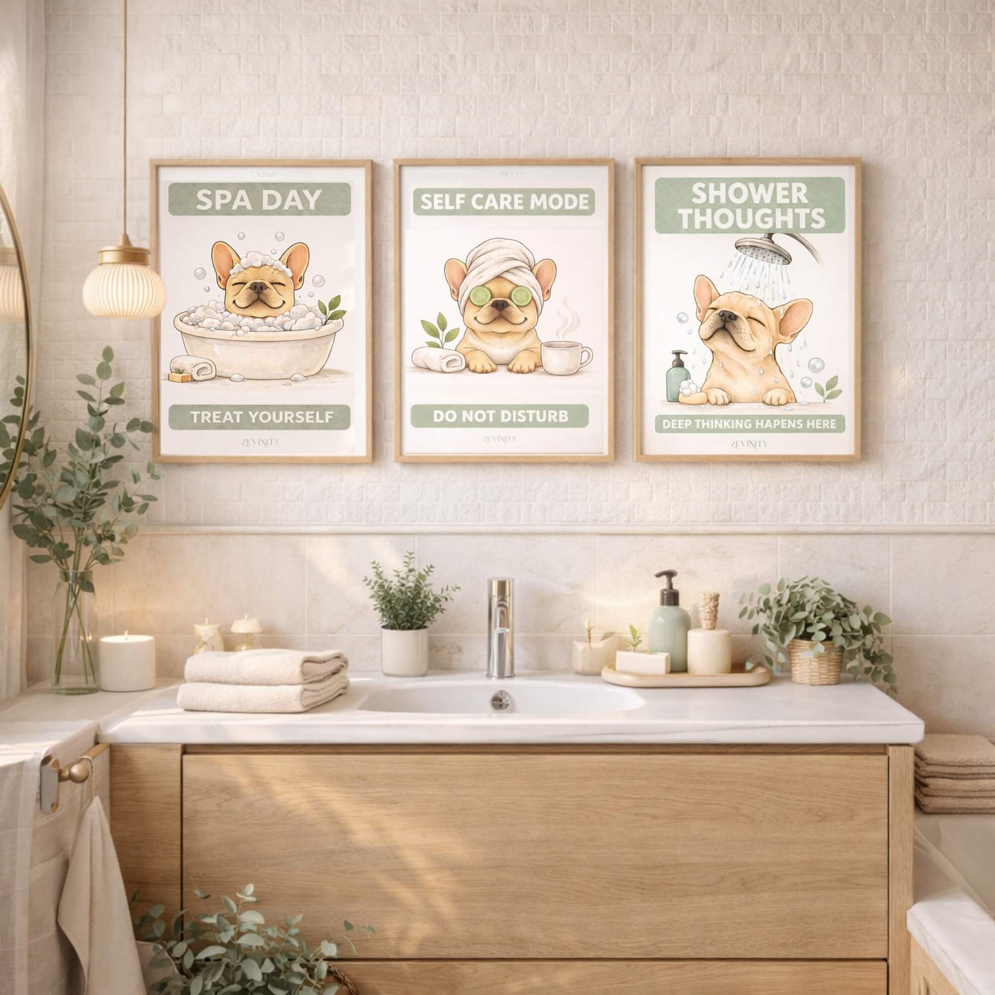 Bathroom with framed prints of a dog in a bathtub, with text 'Spa Day', 'Self Care Mode', and 'Shower Thoughts'.