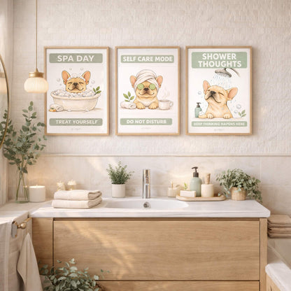 Bathroom with framed prints of a dog in a bathtub, with text 'Spa Day', 'Self Care Mode', and 'Shower Thoughts'.