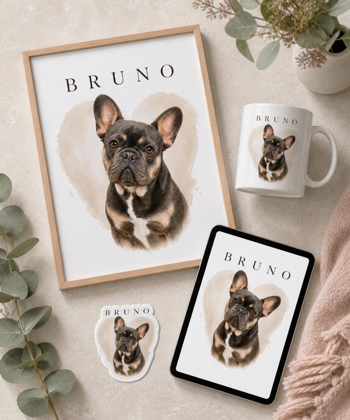 Personalized dog lover bundle flat lay with custom mug, 11x14 print, sticker, and digital design