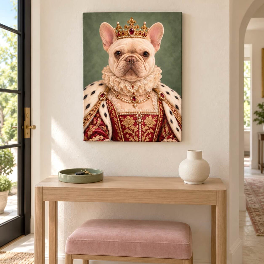 Finished personalized dog portrait canvas displayed at home